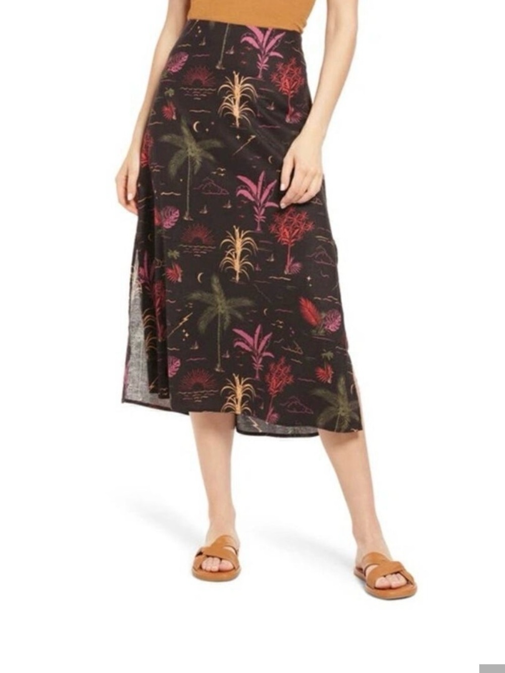 Black Tropical Print Midi Skirt - Women's